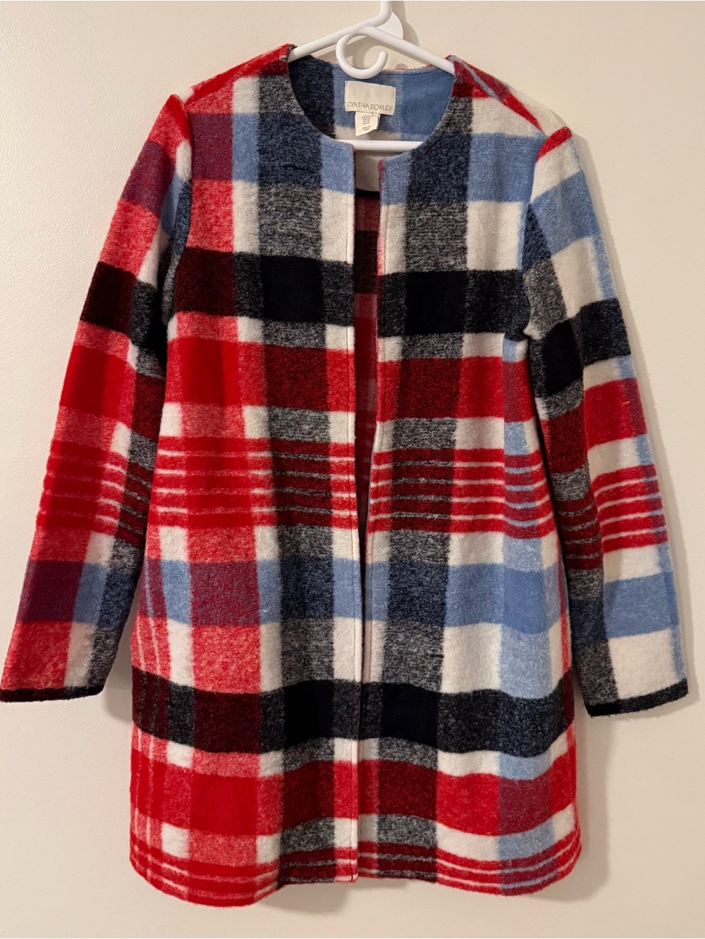 Cynthia Rowley Wool Blend Open Front Plaid Cardigan/ Coat Sz M